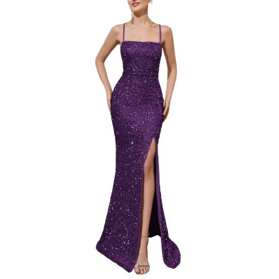 Women's Sparkly Sequin Long Formal Dress Square Neck Backless Split Mermaid Prom Dress Spaghetti Strap Evening Party Gown