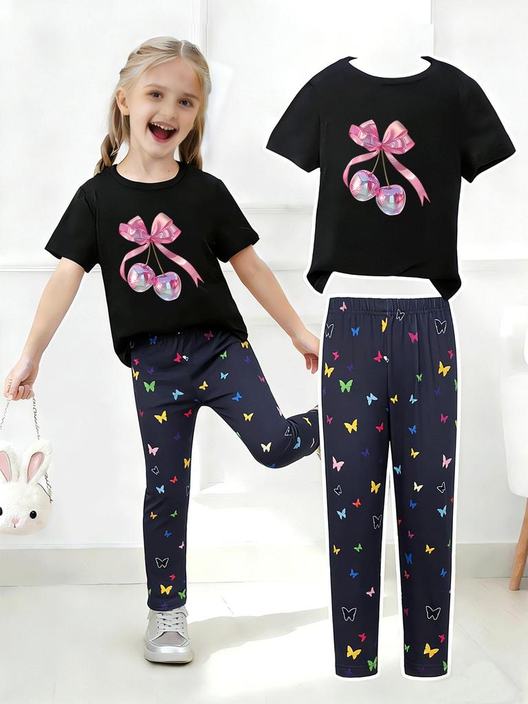 Girls' Summer Casual Short-Sleeve Long Pants Set - European & American Print