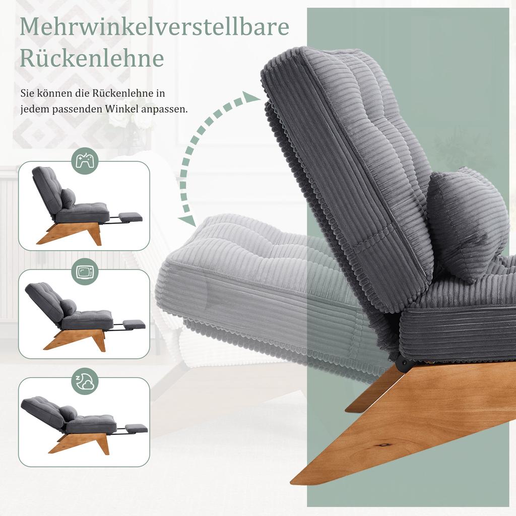 Modern Adjustable Backless Fabric Lounge Chair with Footrest, Lumbar Cushion and Wooden Legs for Living Room/bedroom/study Room (grey Corduroy)