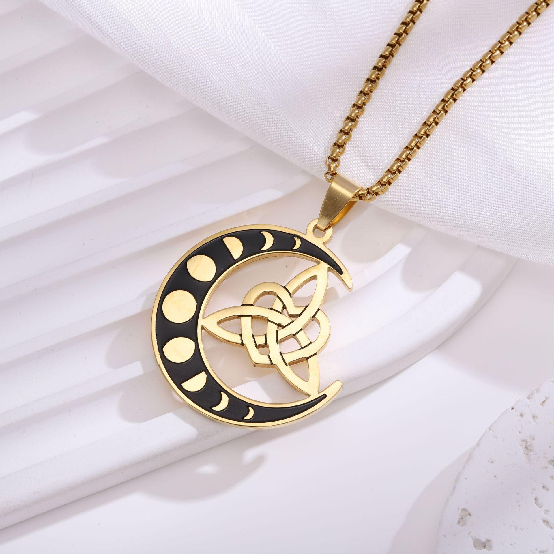 New Necklace Star and Moon Irish Celtic Knot Splicing Versatile Titanium Steel Pendant Necklace 60CM