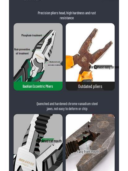 Multifunctional Industrial-Grade Pliers: Combination, Needle Nose, Diagonal Cutting, Eccentric, Strong Blade.