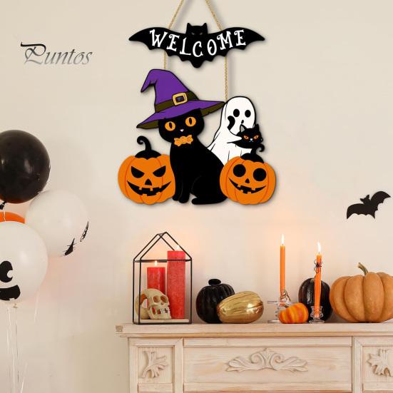 Black Cat Party Prop Halloween Wooden Welcome Door Sign, Pumpkin Ghost Bat Hanging Decor Indoor Outdoor Decoration for Yard, Home Entrance Rustic Wood