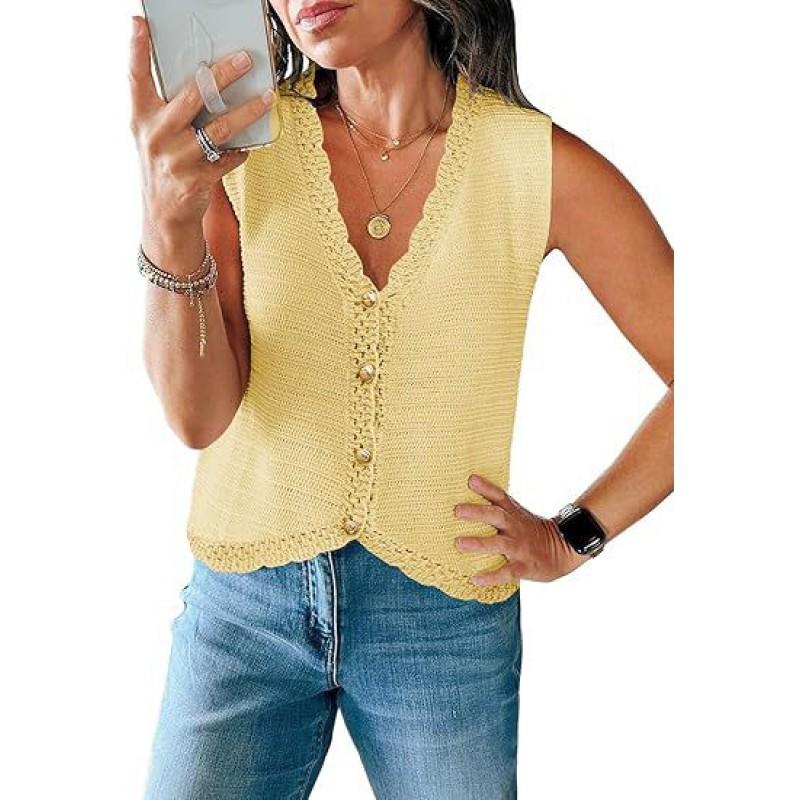 Womens V-Neck Sleeveless Knit Cardigan Short Loose Fit Casual Top With Button Front