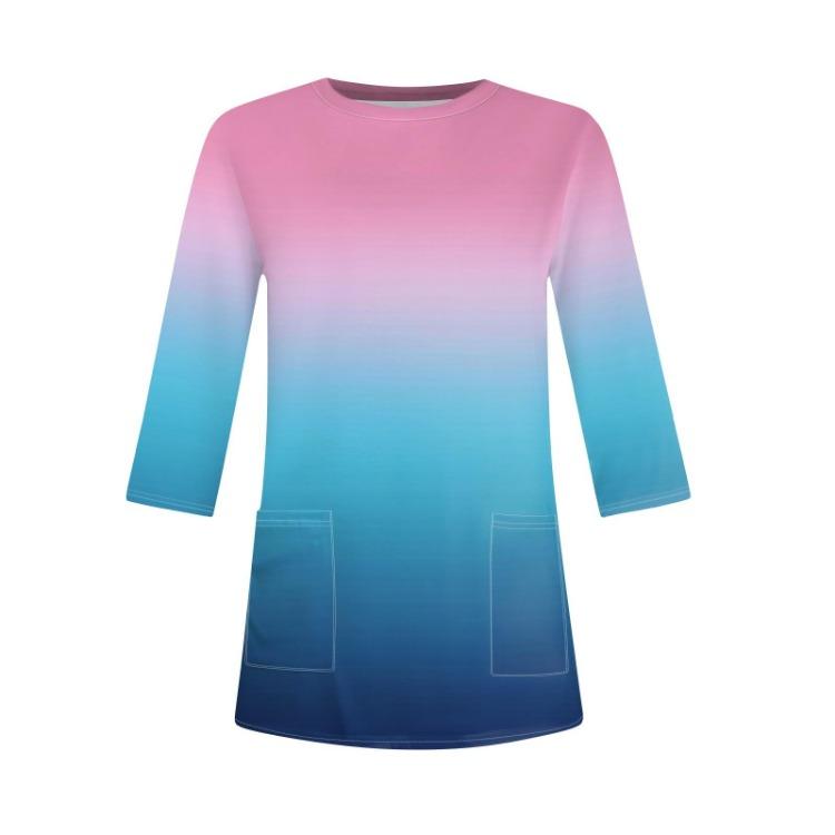 Women 3/4 Sleeve Round Neck T Shirt Casual Print Blouse Pullover Tops with Pocket Mid Length