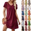 Women's Petal Short Sleeve V Neck Loose Color Swing Sundress With Pockets