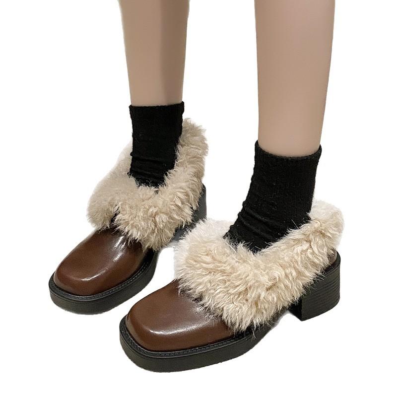 Schaffell-Version~ Dicke Ferse Retro Fluffy Schuhe Damen Kopf Echtleder Ein-Pedal Einzelne Schuhe Winter Samt Warm Kleine Lederschuhe