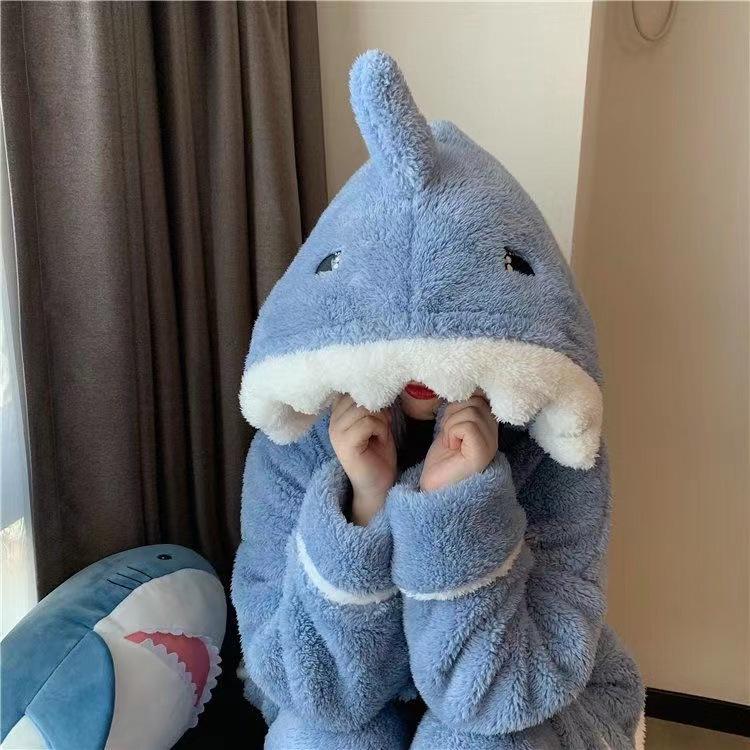 Women's Cute Shark Hooded Pajamas: Thickened Coral Fleece for Warmth, Perfect for Winter Lounging and Outdoor Wear.