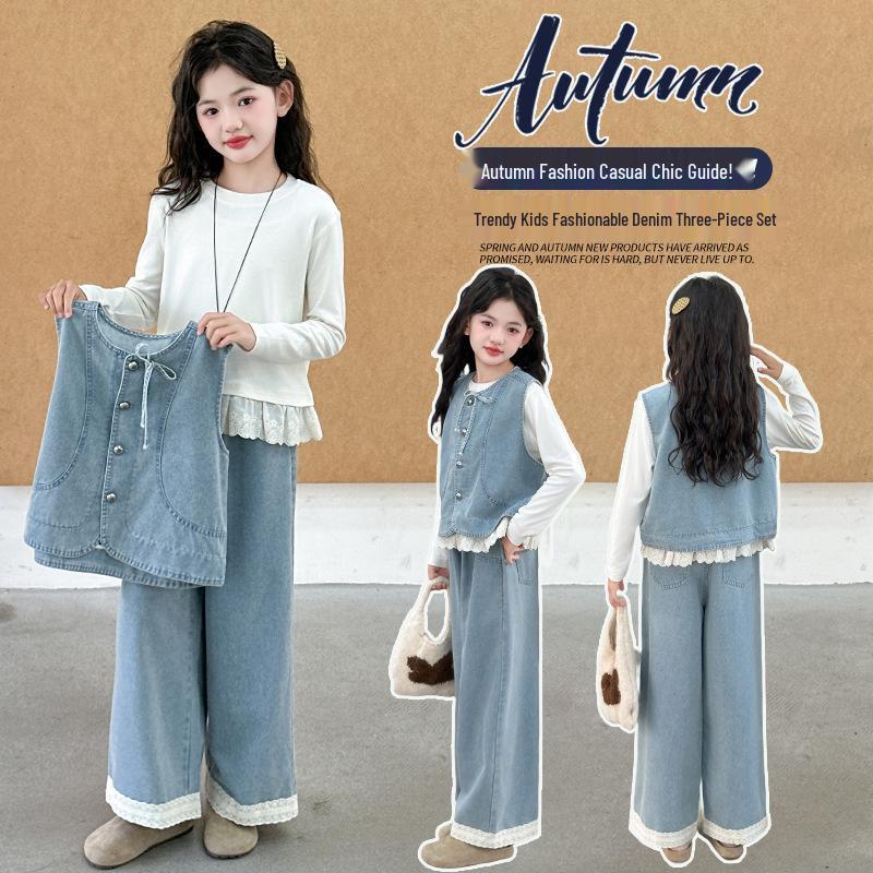 Modny jesienny trzyczęściowy zestaw denimowy dla dziewcząt z koronkową bazową koszulą i kamizelką 2025