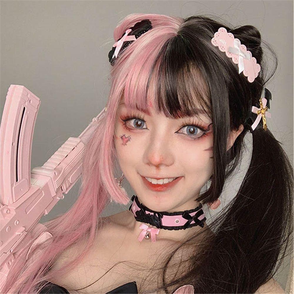 Goth Style Hair Synthetic Bangs Lolita Double Color Toupee Long Straight Hair Black&pink Wig