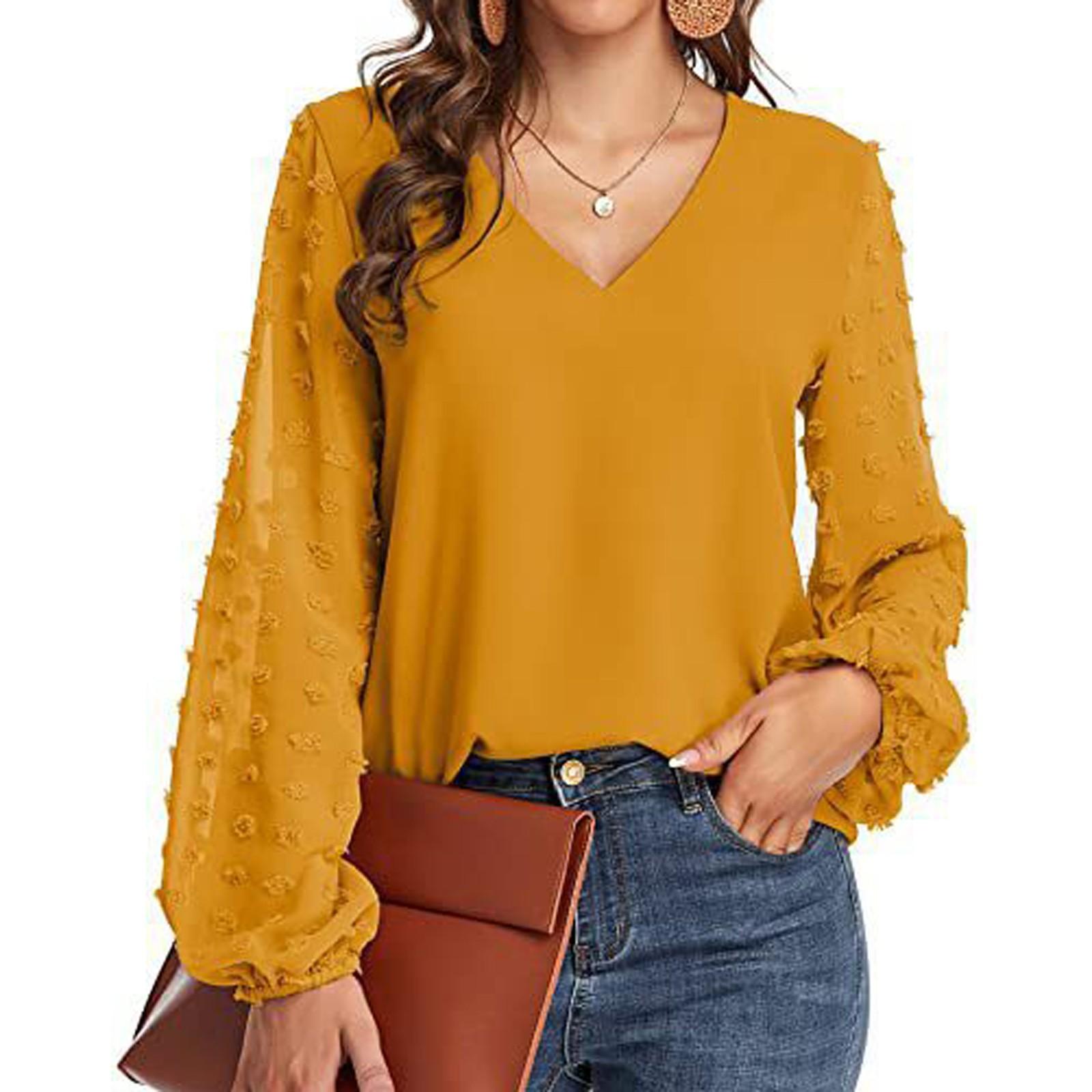

Women s Casual And Fashionable Solid Color V-Neck Spliced Wool Ball Long Sleeved Top XL жёлтый