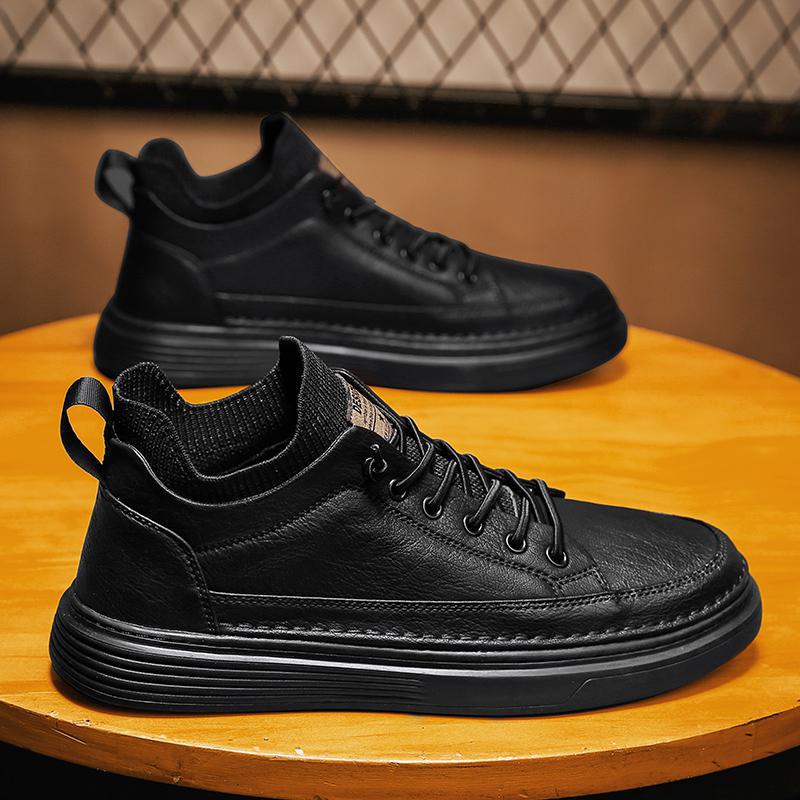 Medium top leather shoes, flying weaving mouth casual child autumn and winter new leather breathable Martin shoes 39