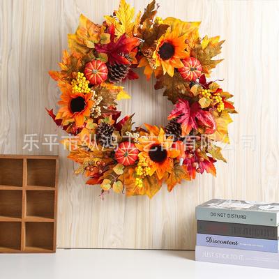 Wreath Decor With Maple Leaves Sunflowers Pumpkin Thanksgiving Halloween Door Hanging