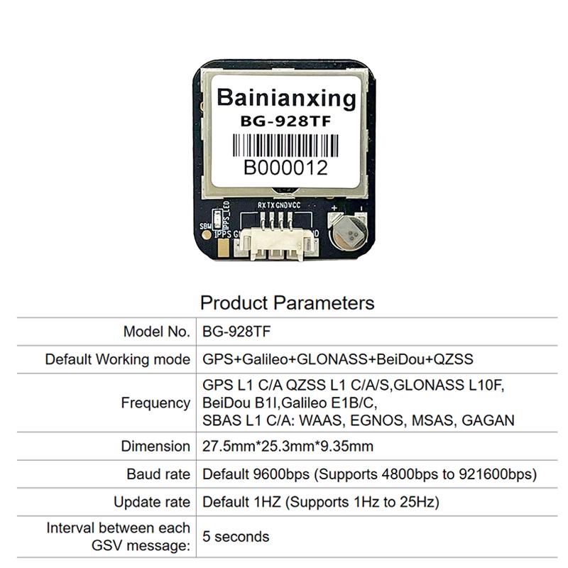 

Bainianxing BG-928TF UBX-M9140-KB 25Hz GNSS Module For UAV and Boat 1Hz 9600bps Default