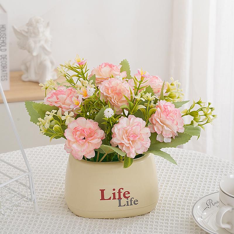 Living Room Decor: Artificial Sunflower and Green Plant Arrangements, Small Potted Plants, and Plastic Bouquets