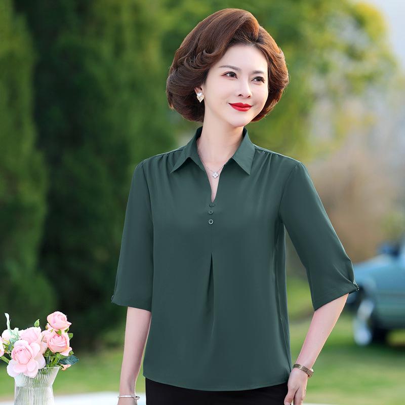 Mom's Summer Chic Imitation Silk Mid-Sleeve Top for Women - Plus Size