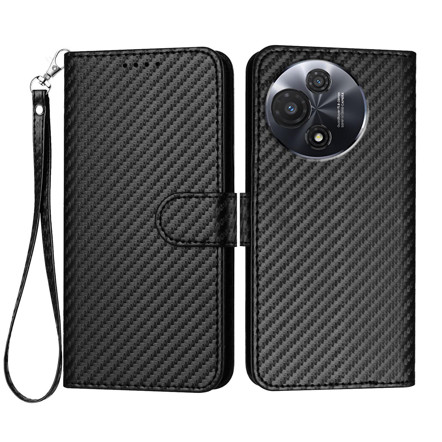 

For TCL 60R 5G Wallet Case with Strap Carbon Fiber Texture Leather Mobile Cover Black
