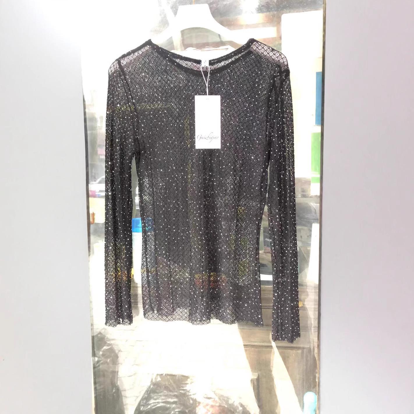 

2025 Spring Women s Fashionable Sequin Cutout Long Sleeve T-shirt Large чёрный