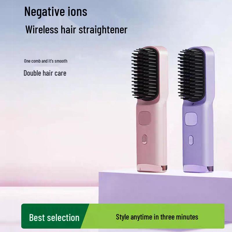 Rechargeable Wireless Hair Straightening Comb: Ion-Infused, No Damage, Dual-Use for Straight & Curly Styles, Portable & Dorm-Friendly Black