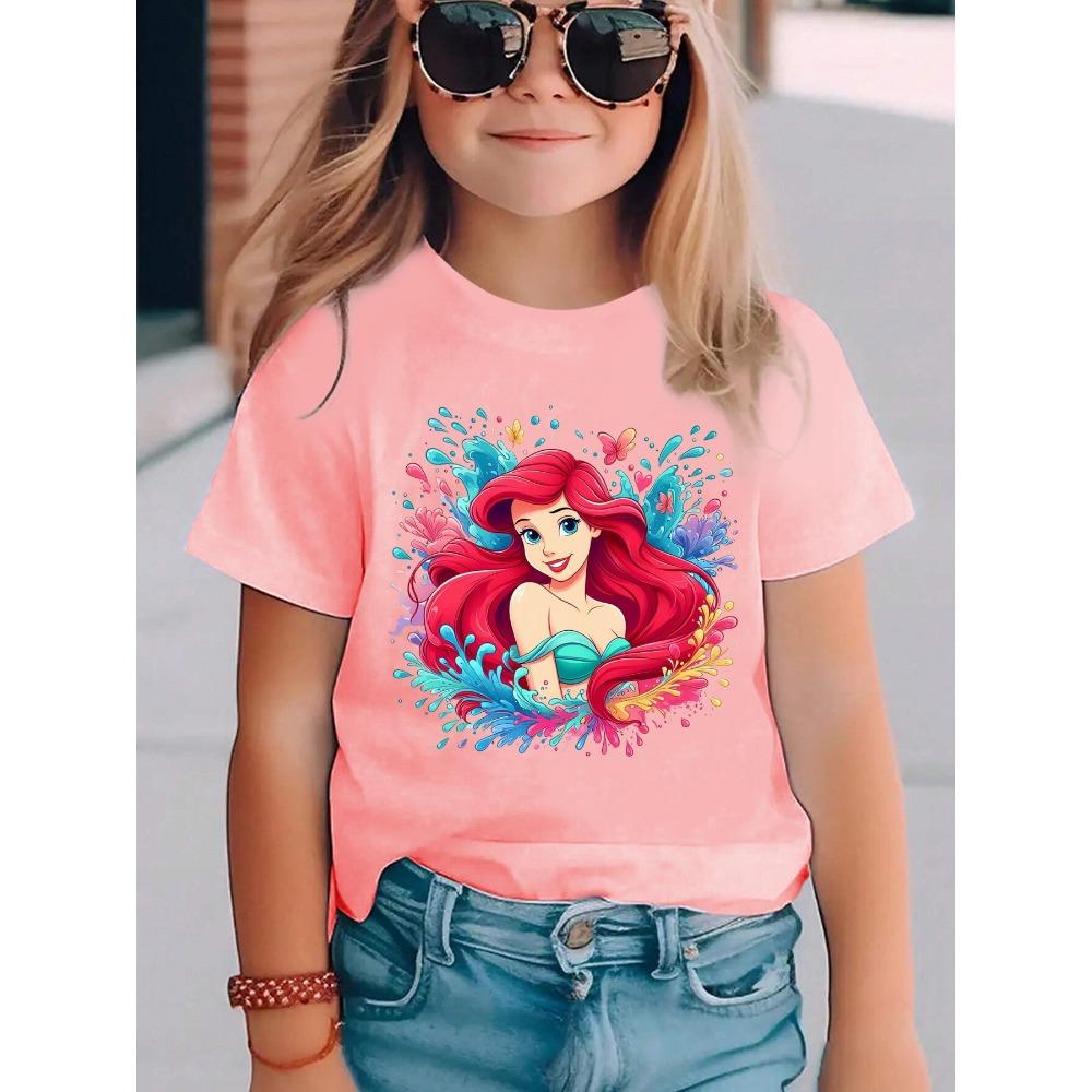 Girl Ariel Little Mermaid T-shirt Foam Print, Casual Summer Short Sleeve Round Neck Top Suitable for the Beach