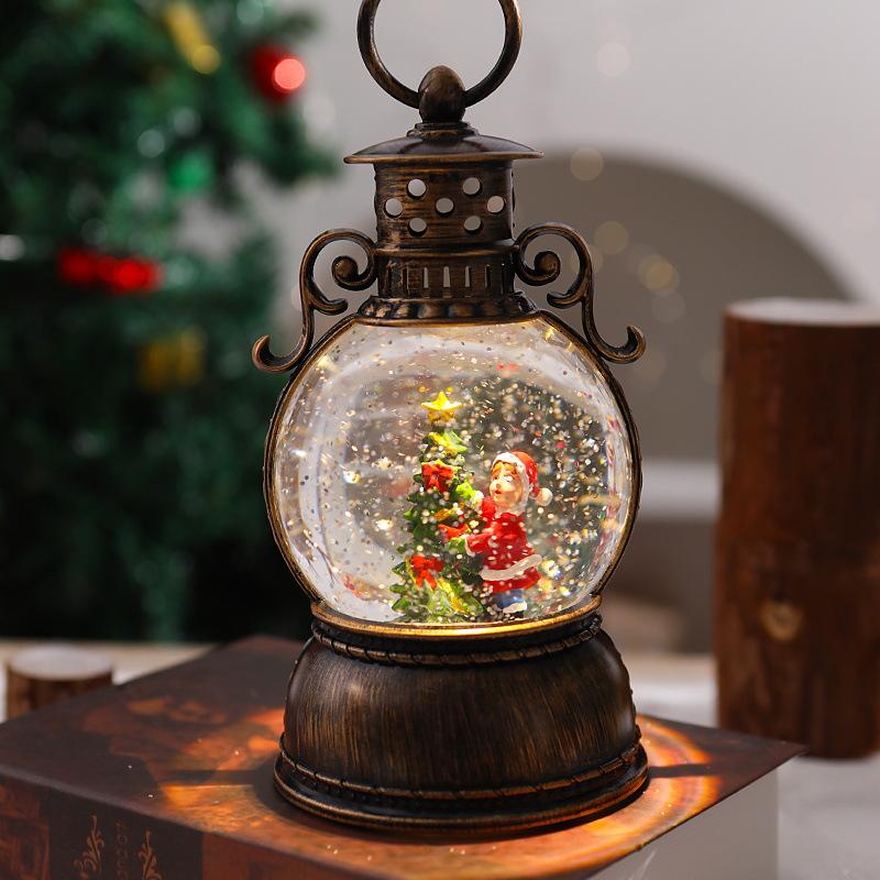 Christmas glowing music box with falling snowflakes, crystal ball, retro scene decoration, portable lantern, Santa Claus ornaments