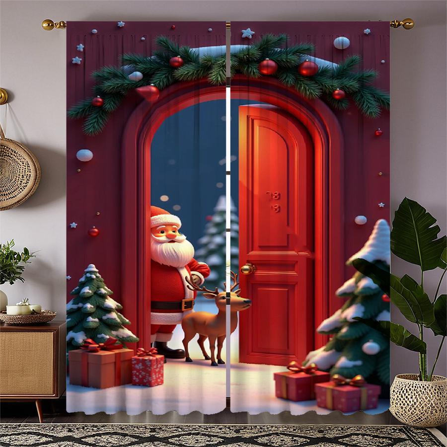 Stylish Set Of 2 Christmas Santa Claus Tree Pattern Printed Curtains Decorations Home Room Curtain Polyester