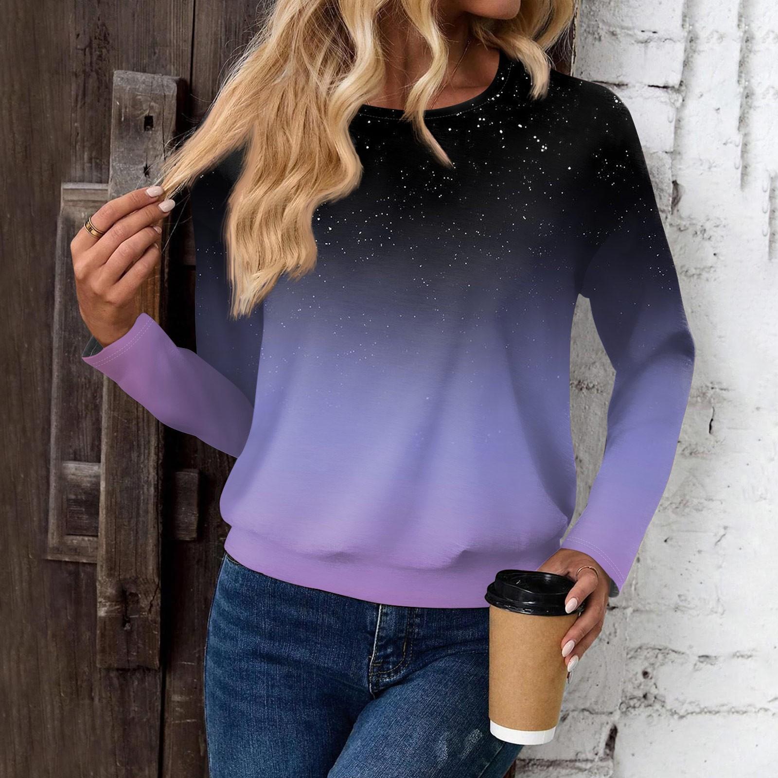 

Женский модный повседневный топ с длинными рукавами и принтом, открытыми плечами и круглым вырезом L фиолетовый