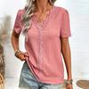 Ladies V-Neck Jacquard Bubble Sleeve Lace Short Sleeve Solid Colour Shirt