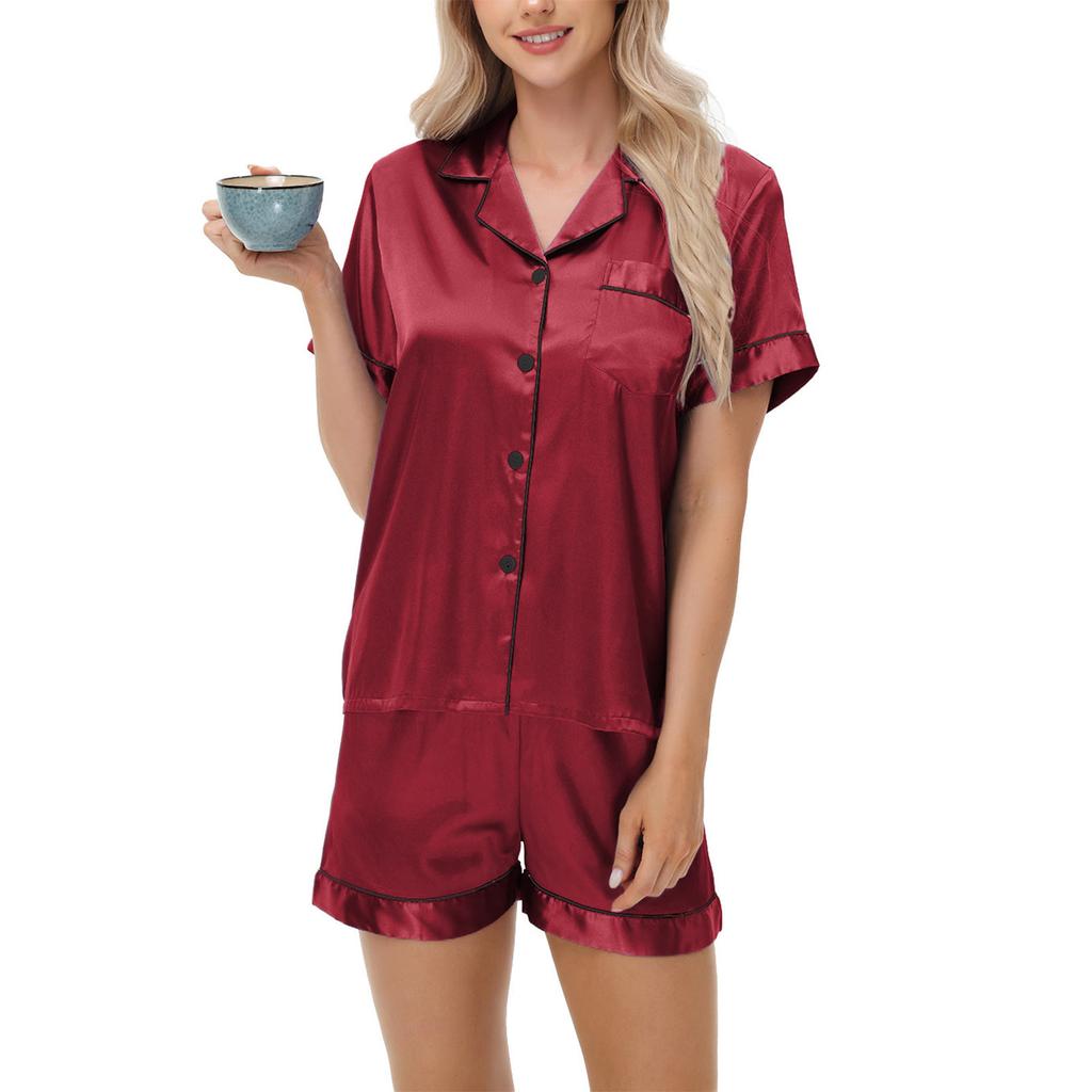 Dammode Pyjamas Set Satin Sovkläder Knäppta Toppar och Shorts Pyjamas 2-delad Kostym Pyjama Femme Nattkläder Loungewear för Sommar