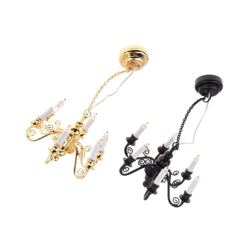 1/12 Dollhouses Chandelier 6 Head Hanging Lamp LED Light Model with Candle Light Designs for Scene Landscape Setting
