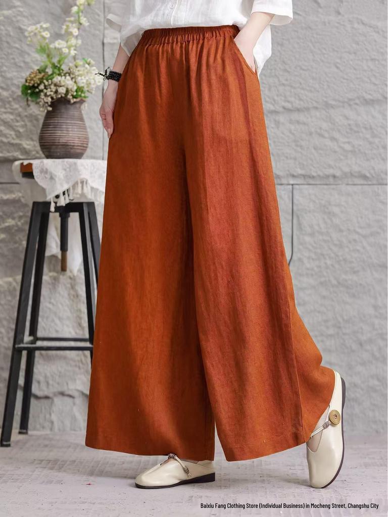 Women's 2026 Summer Linen Wide-Leg Pants: Solid Color, Loose Fit, Large Size, Casual Fashion