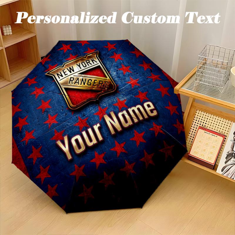 New York Rangers Automatic 8‑ribs Umbrella, Custom Name Text Personalized Folding Umbrella Rain Sun Gift
