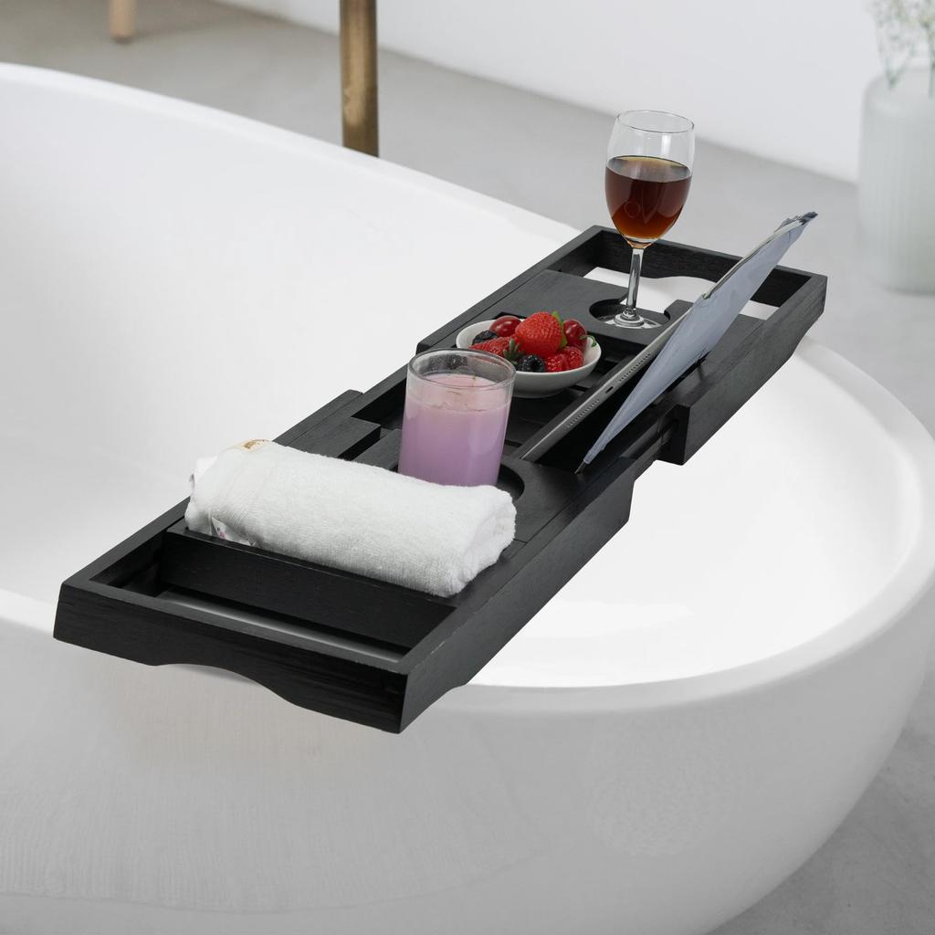Utoplike Bamboo Bath Tray, Adjustable Bath Tray, Bath Table, Bath Rack, Bath Tray, Portable Wine Holder, Black