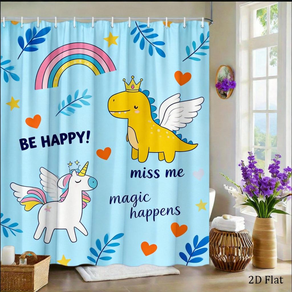 Kids Fantasy Shower Curtain 1pc Dinosaur, Unicorn & Rainbow Pattern, Playful Bath Curtain for Children's Room and Nursery Decor