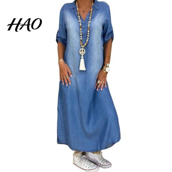 Abito Lungo in Denim Estivo Vintage da Donna con Scollo a V, Maniche a Tre Quarti, Orlo con Spacchi Laterali, Ampio