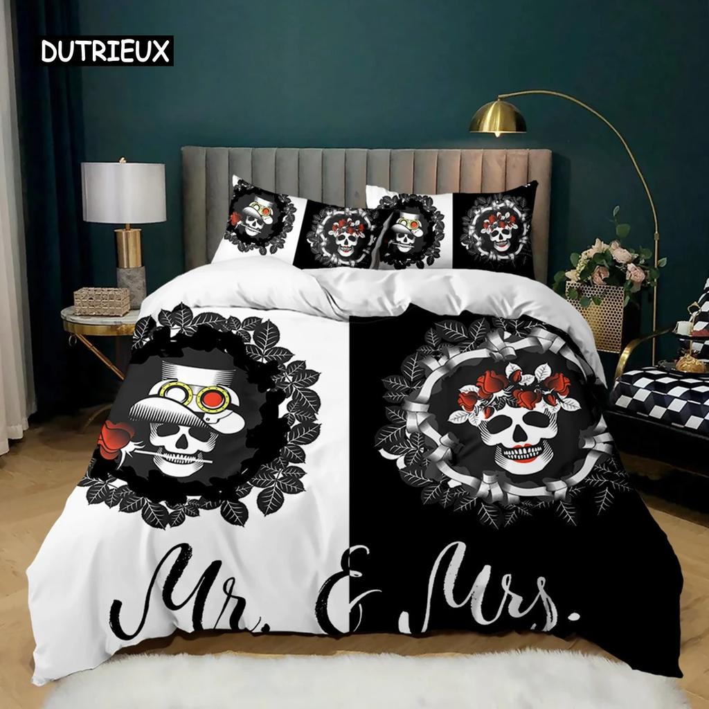 Skull Duvet Cover Set Rose Twin Skeleton Kiss Comforter Cover Teens Gothic Skeleton Double Queen King Size Polyester Qulit Cover