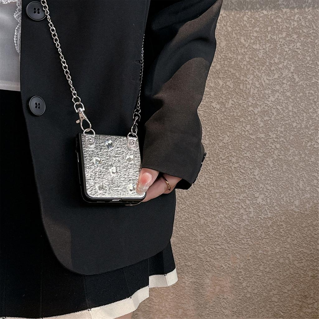Applicable to Samsung Galaxy Z Flip6 phone case, silver leather rhinestone zflip4/5th generation folding protective case