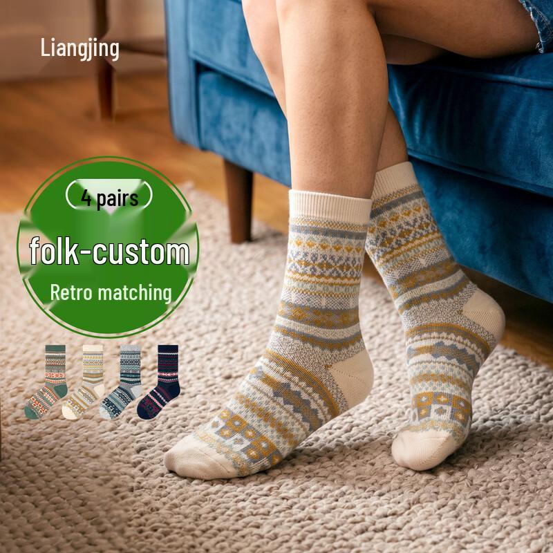 Women s Retro Jacquard Ethnic Mid-Calf Socks One Size