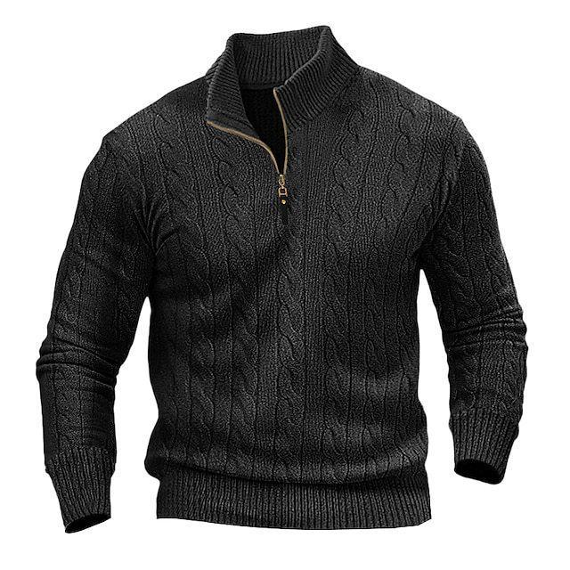 Men's Plus Size Cable Knit Half-High Collar Zipper Sweater - Autumn/Winter Casual Pullover