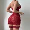 Sexy lingerie hollow lace perspective hip-wrapped suspender nightdress high split sexy mesh thong
