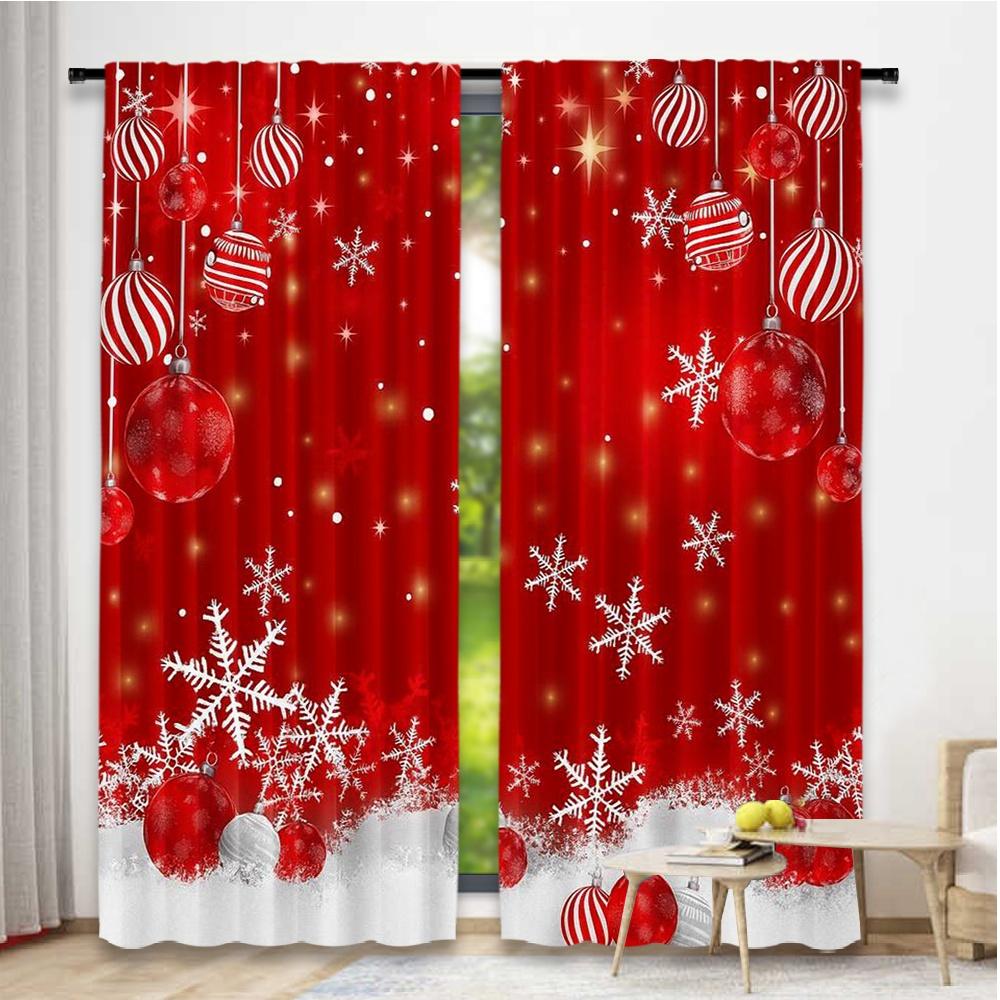 Set Of 2 Flat Printing Christmas Scene Curtains Red Snowflakes Digital Printed Polyester Drapes Birthday Party Use Curtain