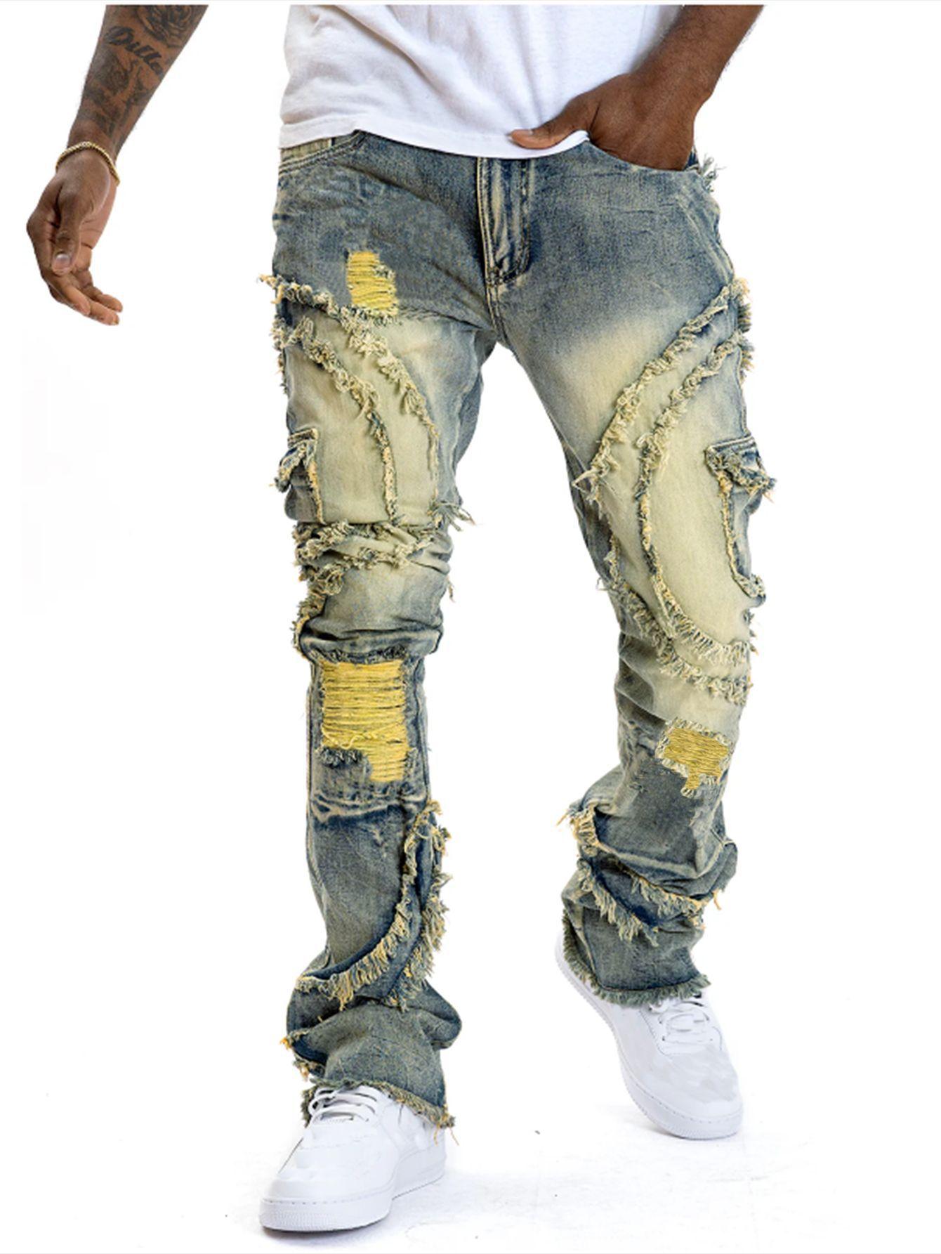 STREETRICH New European and American Men s Casual Jeans, Street Punk Fashion, Retro, Ripped Hole, Slightly Flared Tassel Elastic Jeans S