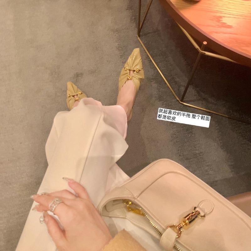 Sheepskin version triangular buckle cool slippers women's hollow pointed tip pleated baotou half slippers