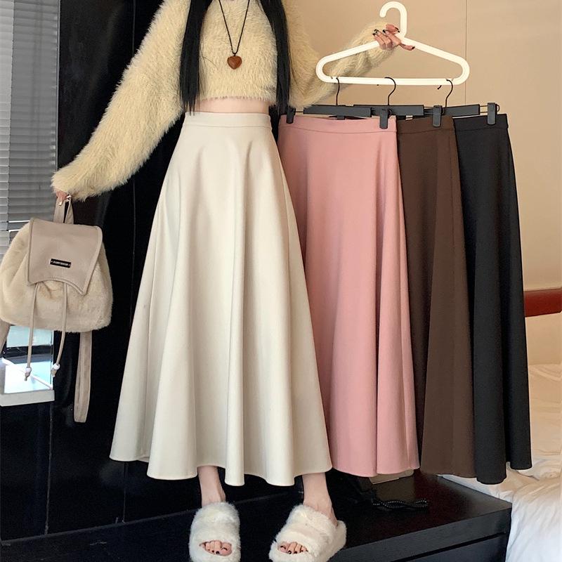 White High Waist Woolen A-line Pleated Skirt for Women - Long, Thickened, and Perfect for Autumn/Winter