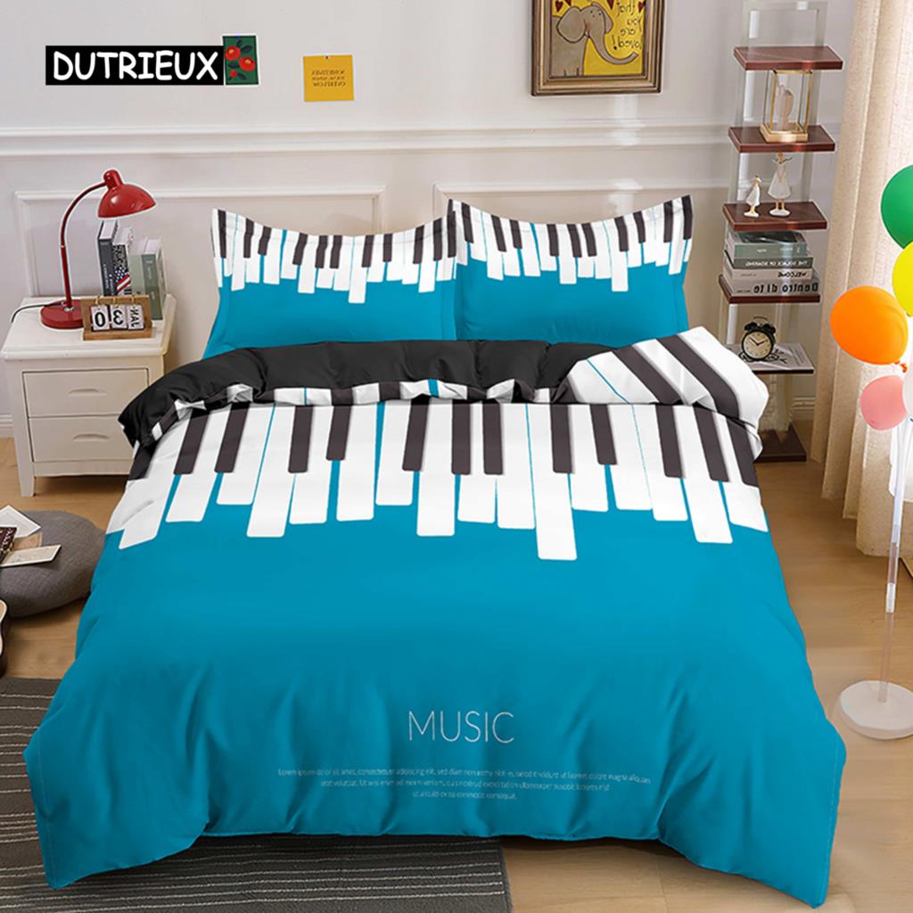 Piano Keys King Queen Duvet Cover 3D Cartoon Musical Notes Bedding Set for Kids Teens Adult Fashion Music Polyester Quilt Cover