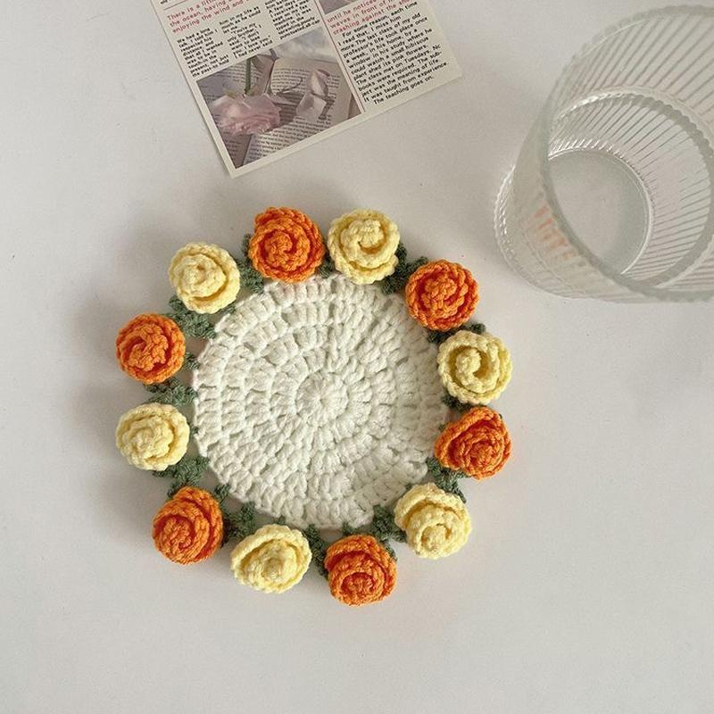 Rose Bouquet Coaster Crochet Flower Placemat Hand Woven Bouquet Cupmat Home Desktop Potted Plant Ornaments Mother'S Day Gift