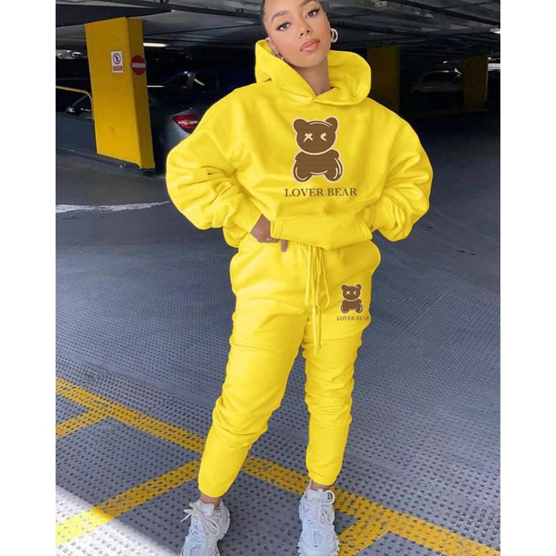 Womens Comfortable Hooded Sweatshirt Jogger Pants Set With Bear Print Color-Block Design Streetwear