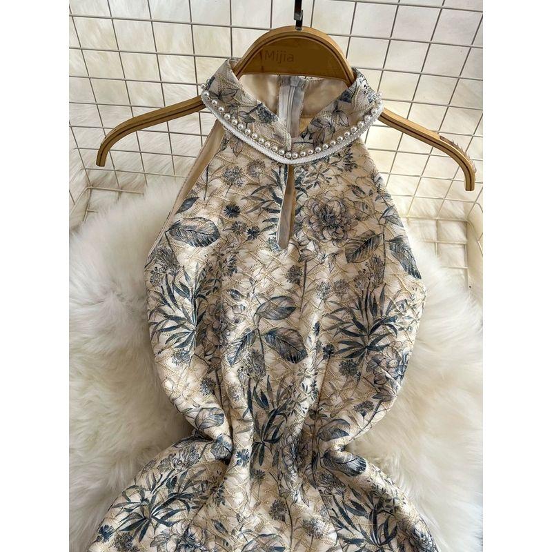 Chinese Style Ink Painting New Chinese Style Cheongsam Summer Fancy Socialite Temperament Waist-Controlled Slimming Slit Sheath Dress