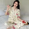 Pastoral style Tutu contrasting color imitation cotton pajamas women's summer short-sleeved trousers medium mother large size loungewear