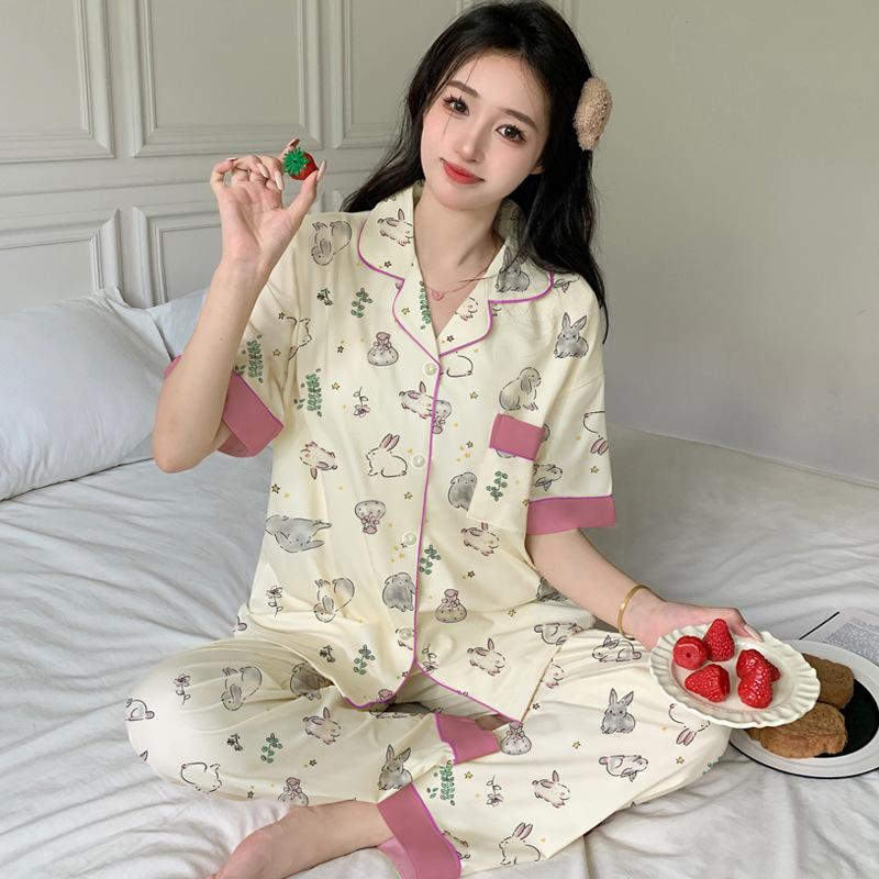 Pastoral style Tutu contrasting color imitation cotton pajamas women's summer short-sleeved trousers medium mother large size loungewear