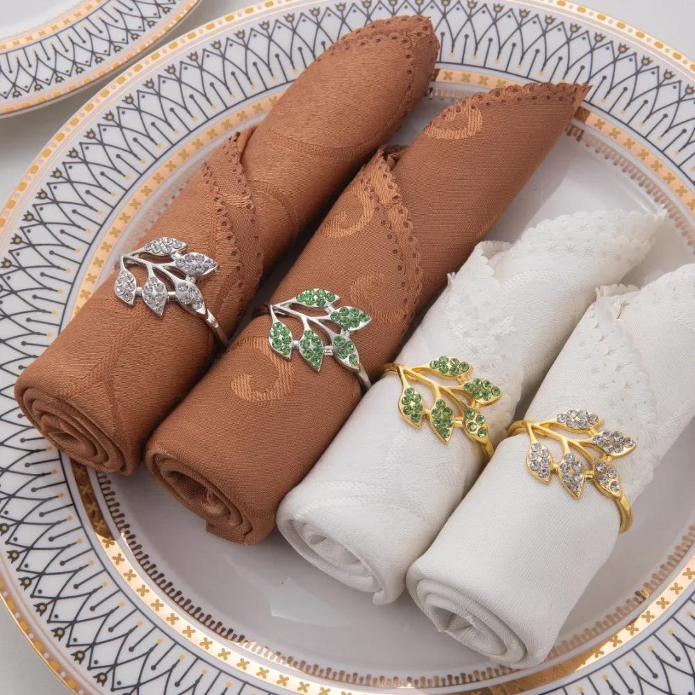 6-48PC High-End Metal Napkin Rings Diamond Pattern Leaf Motif Decorative Clips for Wedding Banquet Hotel Table Settings